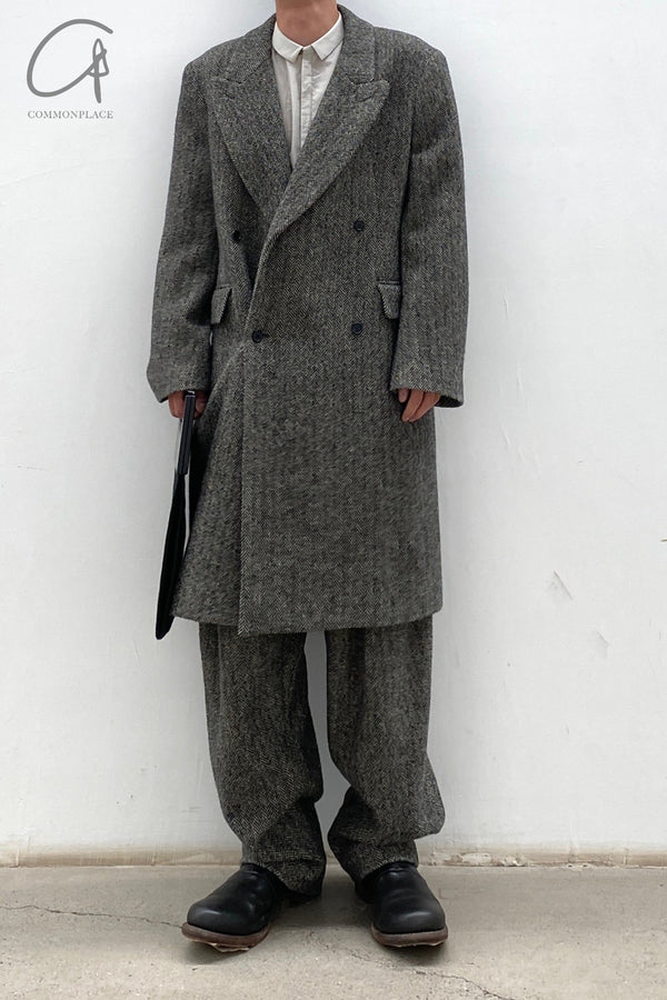 HED MAYNER double-breasted pure wool herringbone woolen coat C14_GRY/HRB